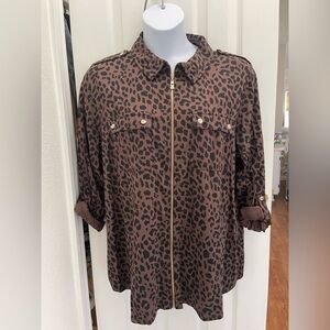 Belle by Kim Gravel Brown Leopard zip Down  Utility shirt